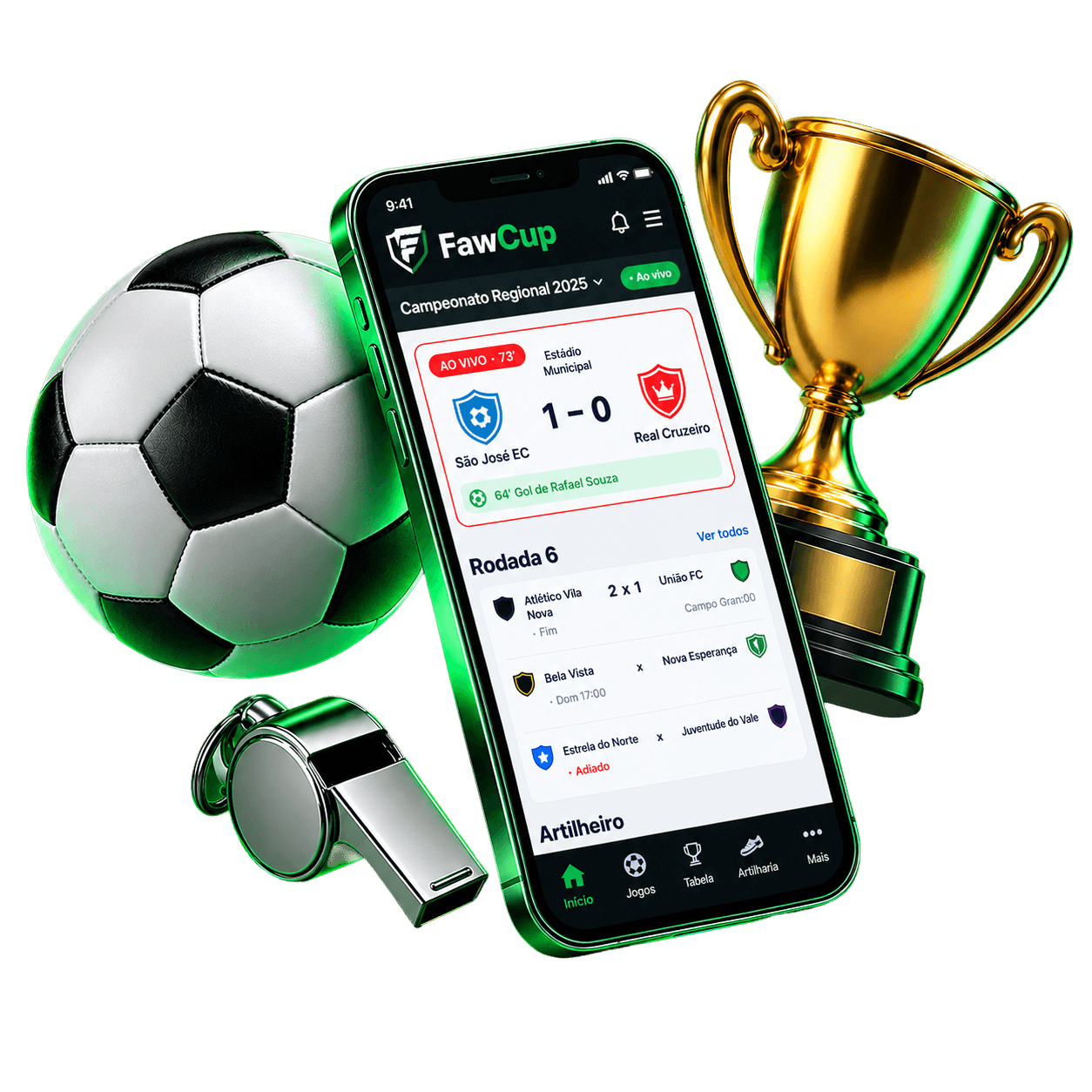 Celular com o portal da liga no FawCup, cercado por bola, apito e troféu