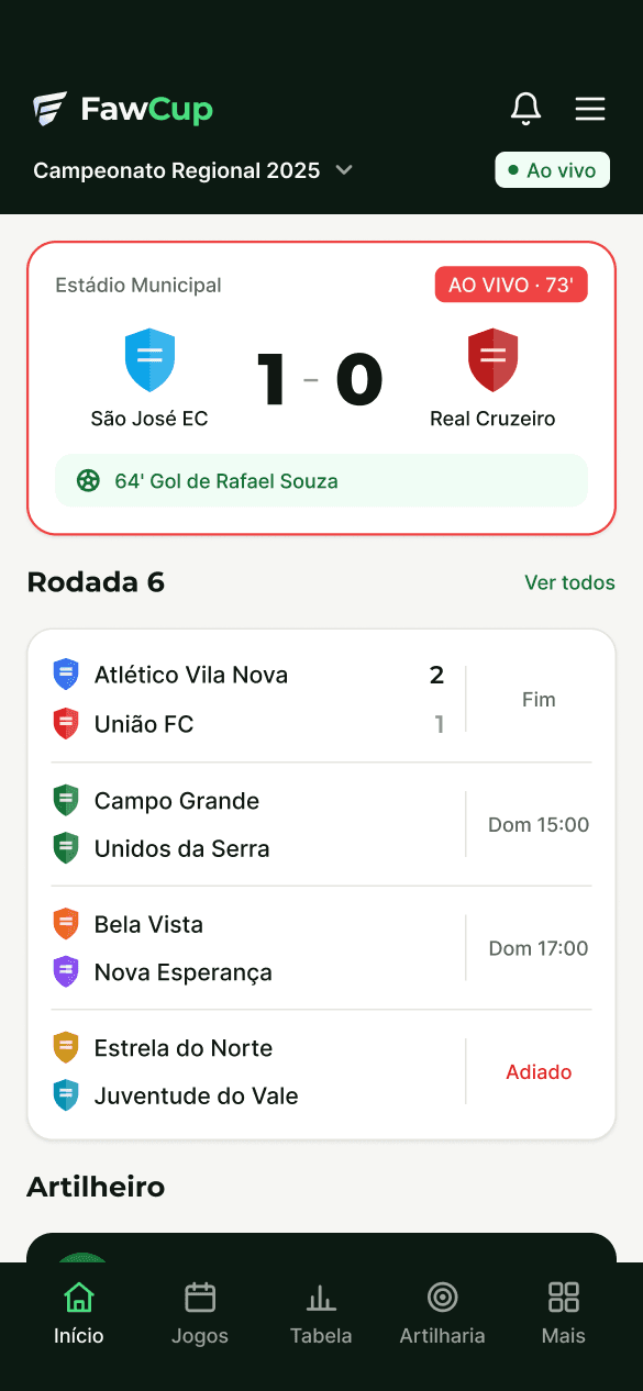 Portal público da liga no celular do torcedor