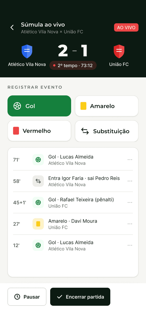 Súmula ao vivo no celular do árbitro